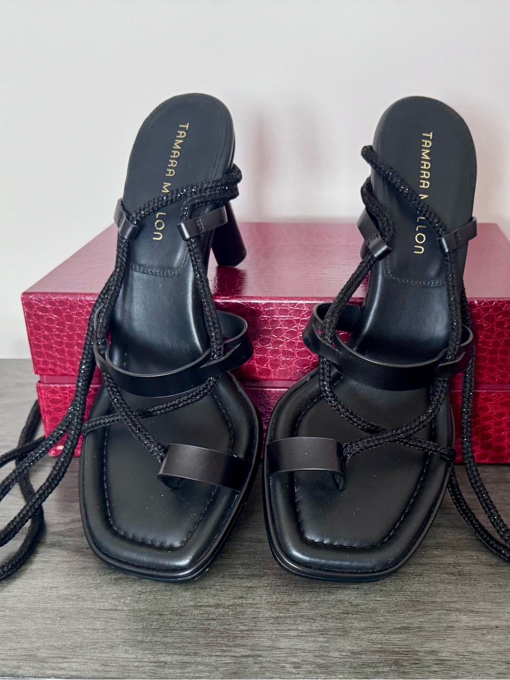 NIB Tamara Mellon Black Braided Wrap Square-Toe Heels